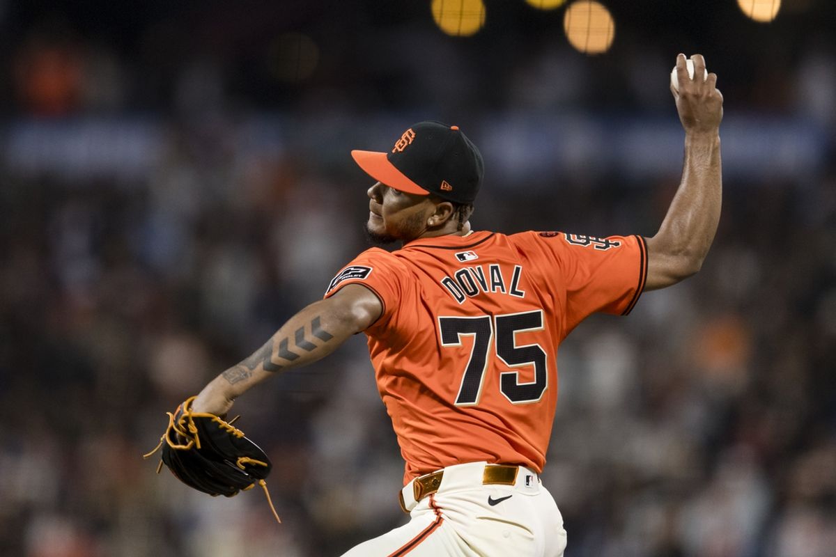 Jul 12, 2024; San Francisco, California, USA; San Francisco Giants closing pitcher Camilo Doval (75) throws against the Minnesota Twins during the ninth inning at Oracle Park. Mandatory Credit: John Hefti-USA TODAY Sports
