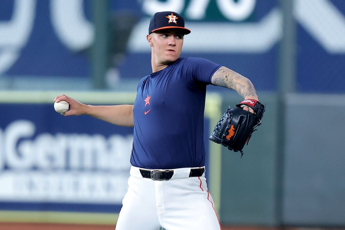 Jul 13, 2024; Houston, Texas, USA; Houston Astros starting pitcher Hunter Brown (58) works out prior to the game against the Texas Rangers at Minute Maid Park. Mandatory Credit: Erik Williams-USA TODAY Sports