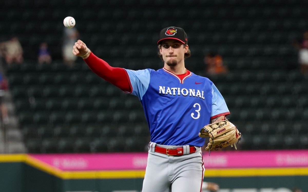 Jul 13, 2024; Arlington, TX, USA;  National League Future  outfielder Dylan Crews (3) warms up before the game against the American League Future team during the Major league All-Star Futures game at Globe Life Field.  Mandatory Credit: Kevin Jairaj-USA TODAY Sports