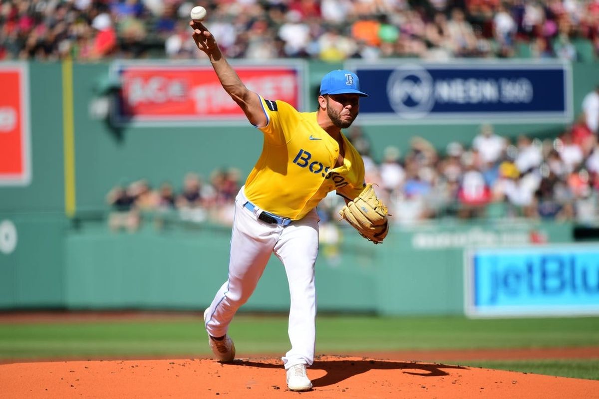 Jul 13, 2024; Boston, Massachusetts, USA;  Boston Red Sox starting pitcher Kutter Crawford (50) pitches during the first inning against the Kansas City Royals at Fenway Park. Mandatory Credit: Bob DeChiara-USA TODAY Sports