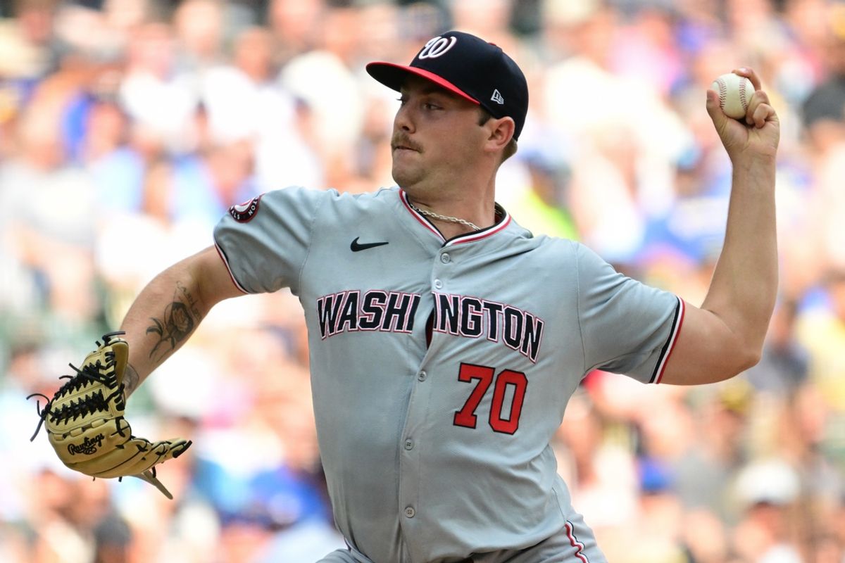 Jul 13, 2024; Milwaukee, Wisconsin, USA; Washington Nationals starting pitcher Mitchell Parker (70) pitches against the Milwaukee Brewers in the first inning at American Family Field. Mandatory Credit: Benny Sieu-USA TODAY Sports