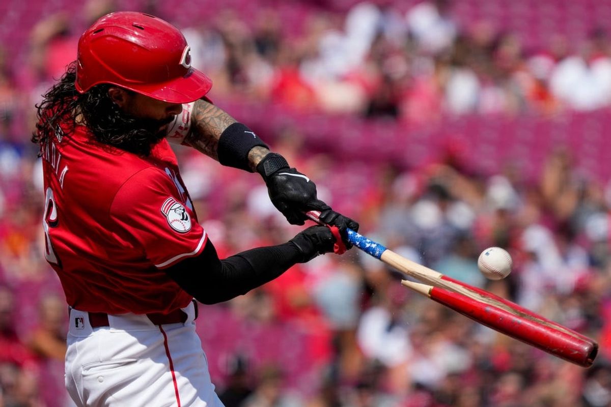The bat shatters as Cincinnati Reds second base Jonathan India (6) flies out in the in the first inning of the MLB National League game between the Cincinnati Reds and the Miami Marlins at Great American Ball Park in downtown Cincinnati on Saturday, July 13, 2024. The Reds led 1-0 after two innings.
