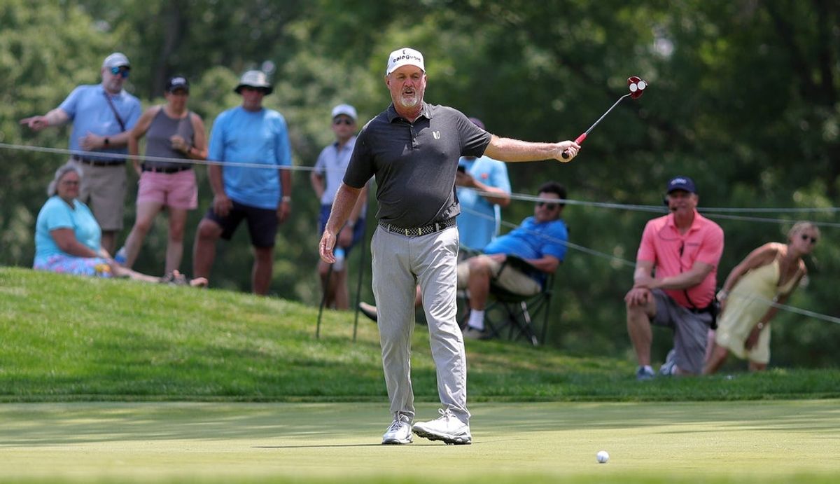 Jerry Kelly attempts to guide his ball into the 12th hole during the third round of the Kaulig Companies Championship at Firestone Country Club, Saturday, July 13, 2024, in Akron, Ohio.