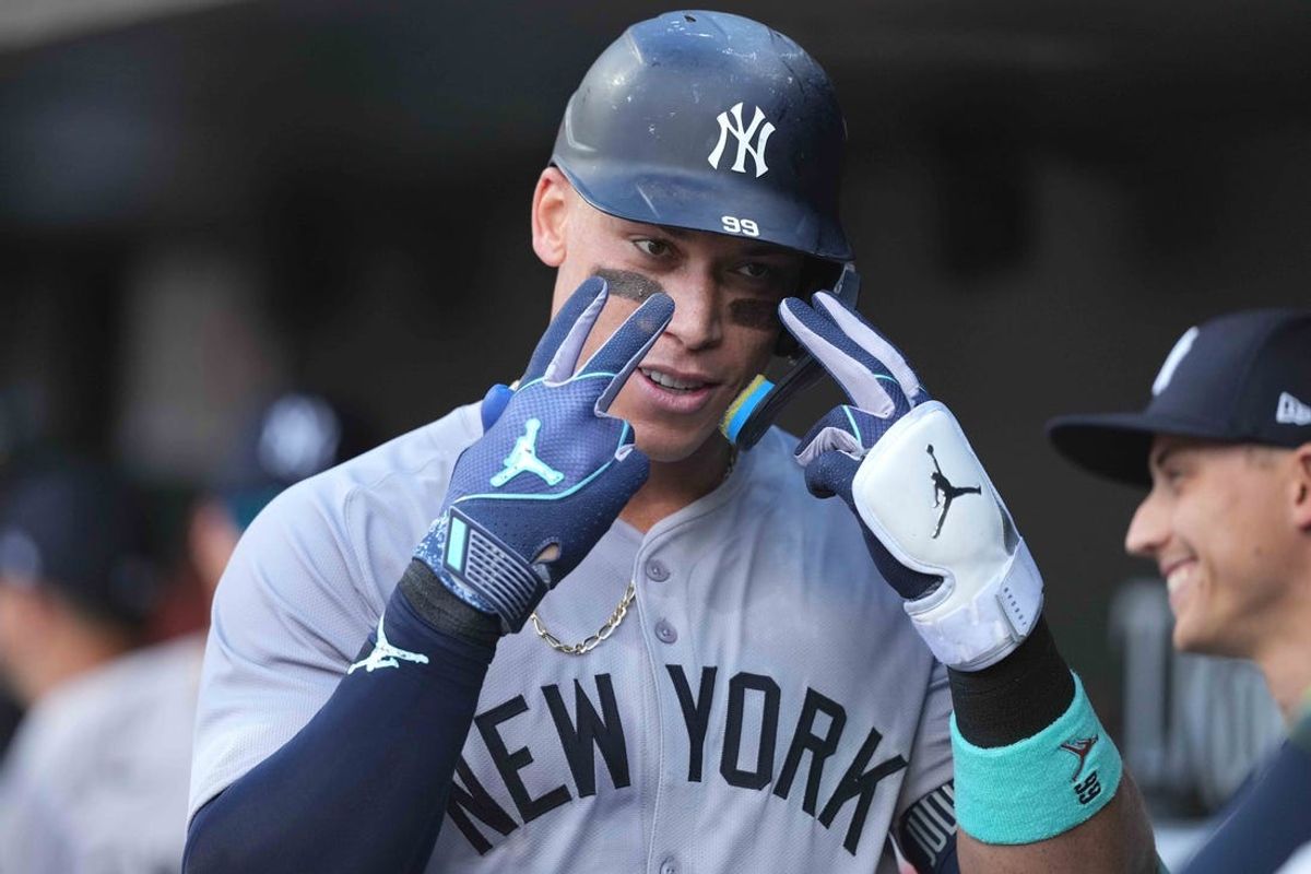Jul 13, 2024; Baltimore, Maryland, USA; New York Yankees outfielder Aaron Judge (99) gestures following his solo home run in the fifth inning against the Baltimore Orioles at Oriole Park at Camden Yards. Mandatory Credit: Mitch Stringer-USA TODAY Sports