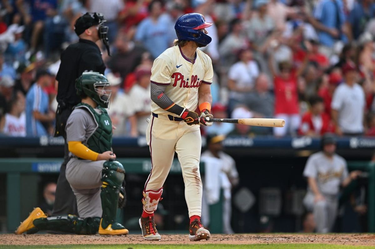 Jul 13, 2024; Philadelphia, Pennsylvania, USA; Philadelphia Phillies first baseman Bryce Harper (3) hits a home run against the Oakland Athletics in the seventh inning at Citizens Bank Park. Mandatory Credit: Kyle Ross-USA TODAY Sports