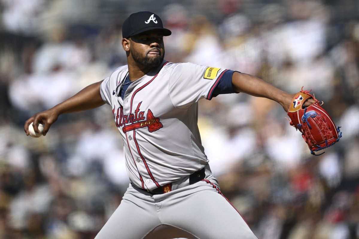 Jul 13, 2024; San Diego, California, USA; Atlanta Braves starting pitcher Reynaldo Lopez (40) pitches against the San Diego Padres during the first inning at Petco Park. Mandatory Credit: Orlando Ramirez-USA TODAY Sports
