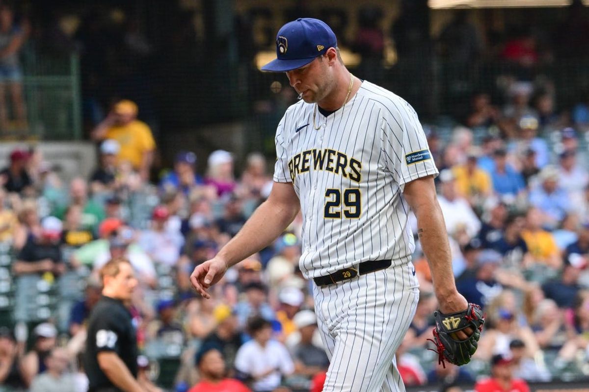 Jul 13, 2024; Milwaukee, Wisconsin, USA; Milwaukee Brewers pitcher Trevor Megill (29) walks off the mound in the ninth inning after blowing a save opportunity against the Washington Nationals at American Family Field. Mandatory Credit: Benny Sieu-USA TODAY Sports