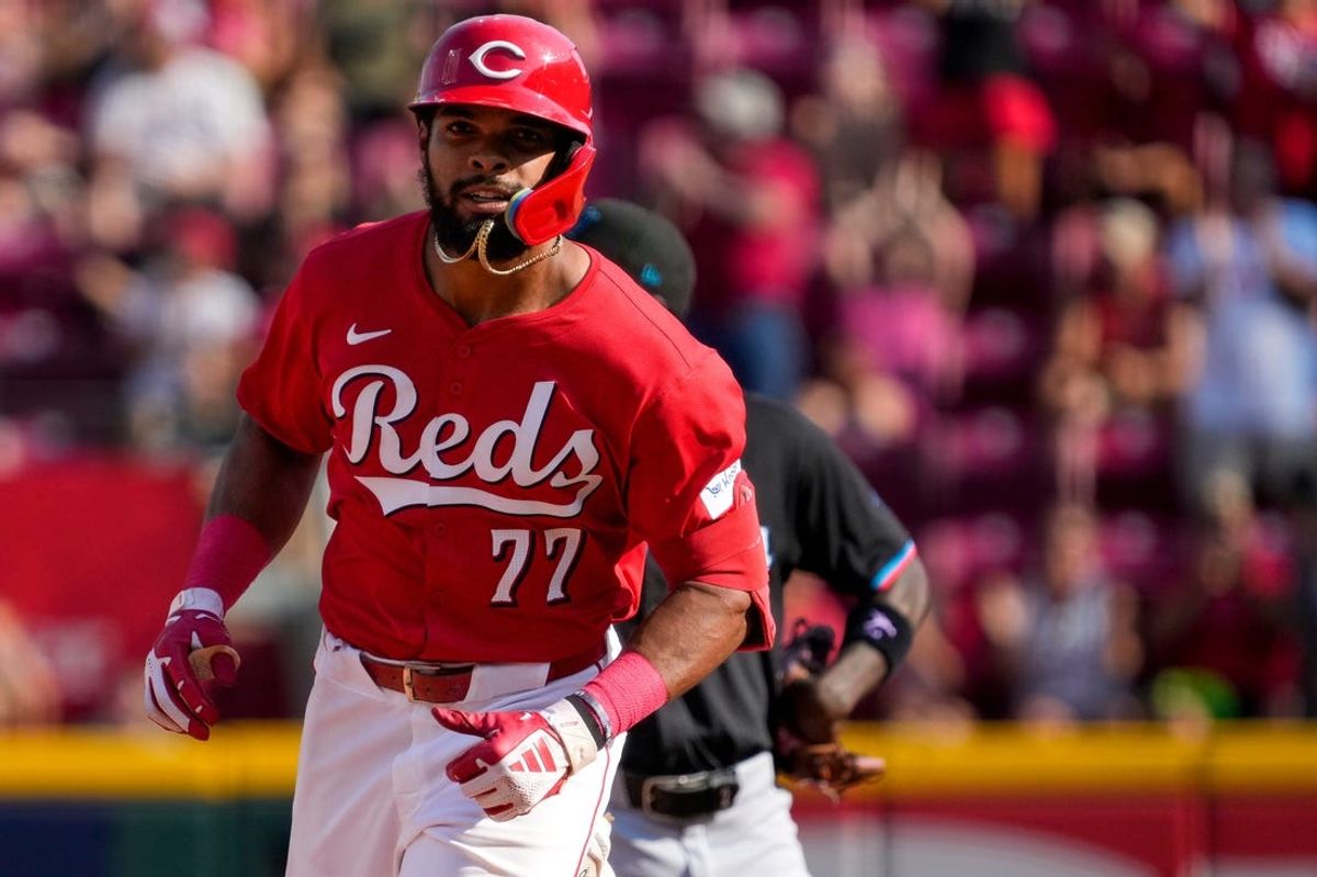 Cincinnati Reds right fielder Rece Hinds (77) rounds second base after hitting his second home run of the game in the sixth inning of the MLB National League game between the Cincinnati Reds and the Miami Marlins at Great American Ball Park in downtown Cincinnati on Saturday, July 13, 2024. The Reds led 1-0 after two innings. The Reds won 10-6.