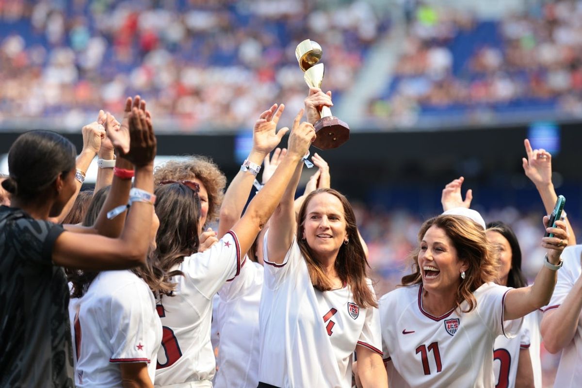 Jul 13, 2024; Harrison, New Jersey, USA; Members of the 1999 US Women's World Cup team are honored during a pregame ceremony before the match between the United States and Mexico at Red Bull Arena. Mandatory Credit: Vincent Carchietta-Imagn Images
