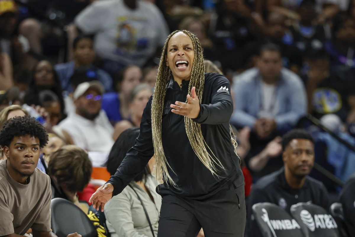 Jul 13, 2024; Chicago, Illinois, USA; Chicago Sky head coach Teresa Weatherspoon reacts during the second half of a WNBA game against the New York Liberty at Wintrust Arena. Mandatory Credit: Kamil Krzaczynski-Imagn Images