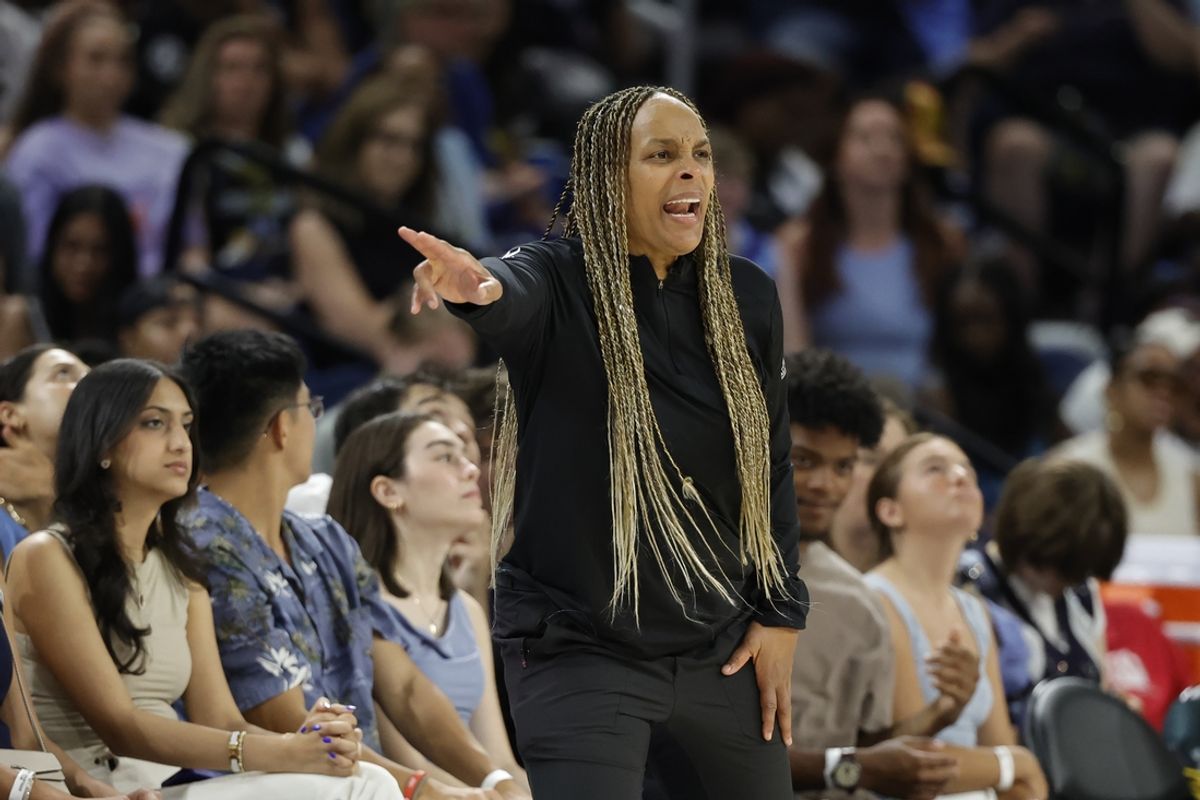 Jul 13, 2024; Chicago, Illinois, USA; Chicago Sky head coach Teresa Weatherspoon reacts during the second half of a WNBA game against the New York Liberty at Wintrust Arena. Mandatory Credit: Kamil Krzaczynski-Imagn Images