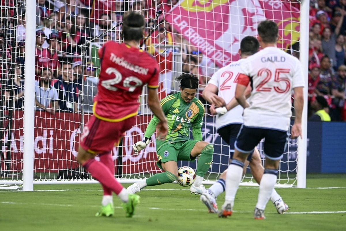 Jul 13, 2024; St. Louis, Missouri, USA;  St. Louis CITY SC forward Nokkvi Thorisson (29) scores a goal against Vancouver Whitecaps FC goalkeeper Yohei Takaoka (1) during the first half at CITYPARK. Mandatory Credit: Joe Puetz-USA TODAY Sports