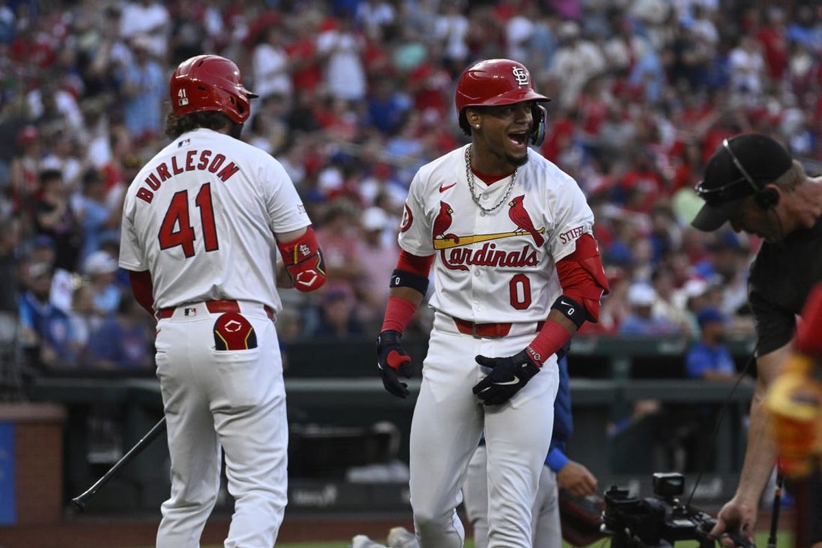 Jul 13, 2024; St. Louis, Missouri, USA; St. Louis Cardinals shortstop Masyn Winn (0) celebrates after hitting a home run against the Chicago Cubs during the first inning at Busch Stadium. Mandatory Credit: Jeff Le-USA TODAY Sports