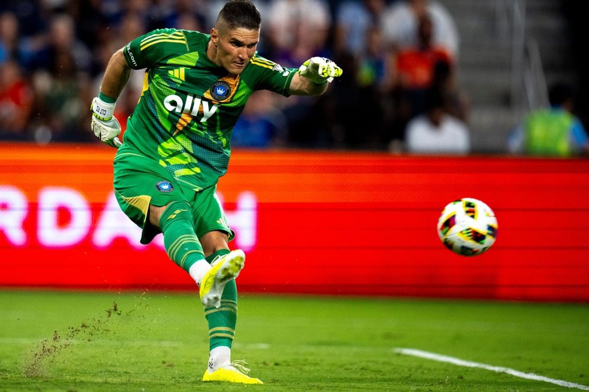 Charlotte FC goalkeeper Kristijan Kahlina (1) clears the ball in the second half of the MLS match at TQL Stadium in Cincinnati on Saturday, July 13, 2024.