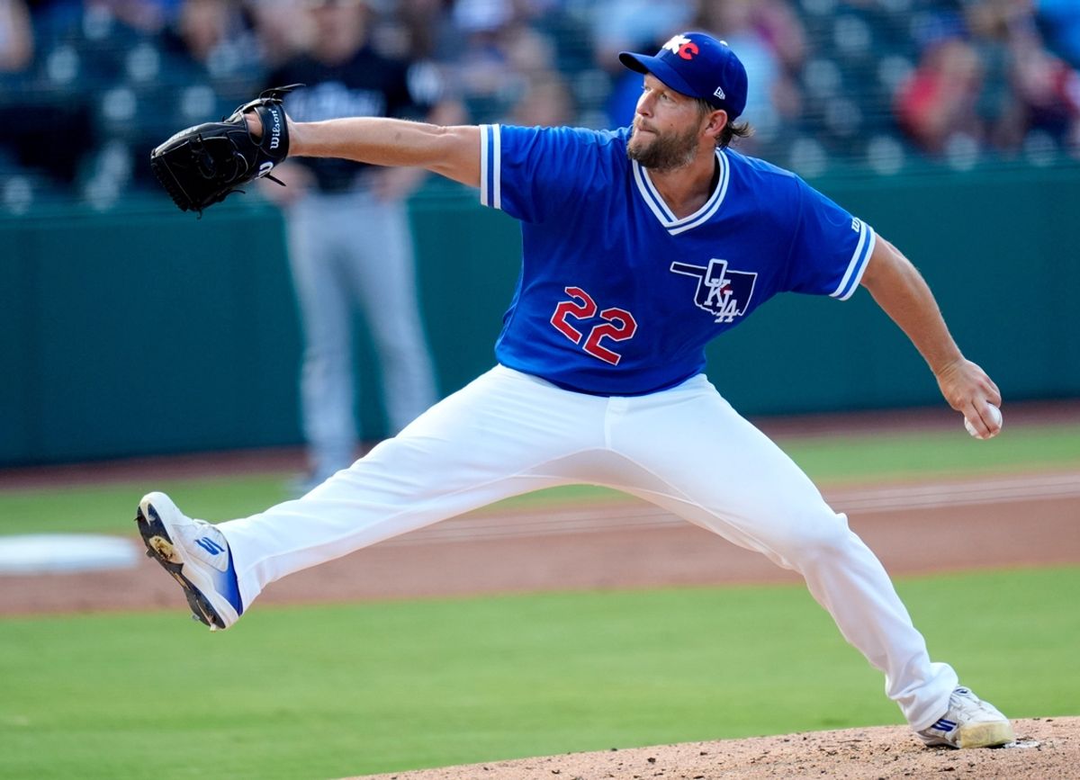 Oklahoma City's Clayton Kershaw throws a pitch during a minor league baseball game between the Oklahoma City Baseball Club and the El Paso Chihuahuas in Oklahoma City, Saturday, July, 13, 2024.
