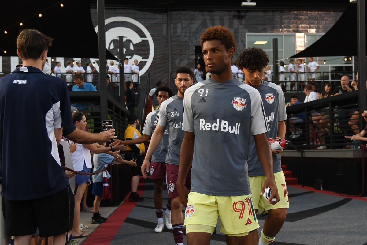 Jul 13, 2024; Commerce City, Colorado, USA; New York Red Bulls midfielder Bento Estrela (91) walks our before the match against the Colorado Rapids at Dick's Sporting Goods Park. Mandatory Credit: Christopher Hanewinckel-USA TODAY Sports