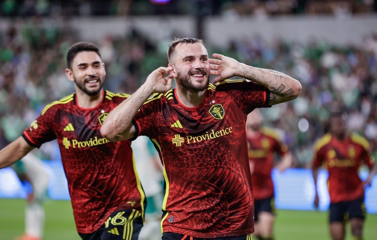Jul 13, 2024; Austin, Texas, USA;  Seattle Sounders FC  forward Jordan Morris (13) celebrates a goal against Austin FC in the second period at Q2 Stadium. Mandatory Credit: Erich Schlegel-USA TODAY Sports