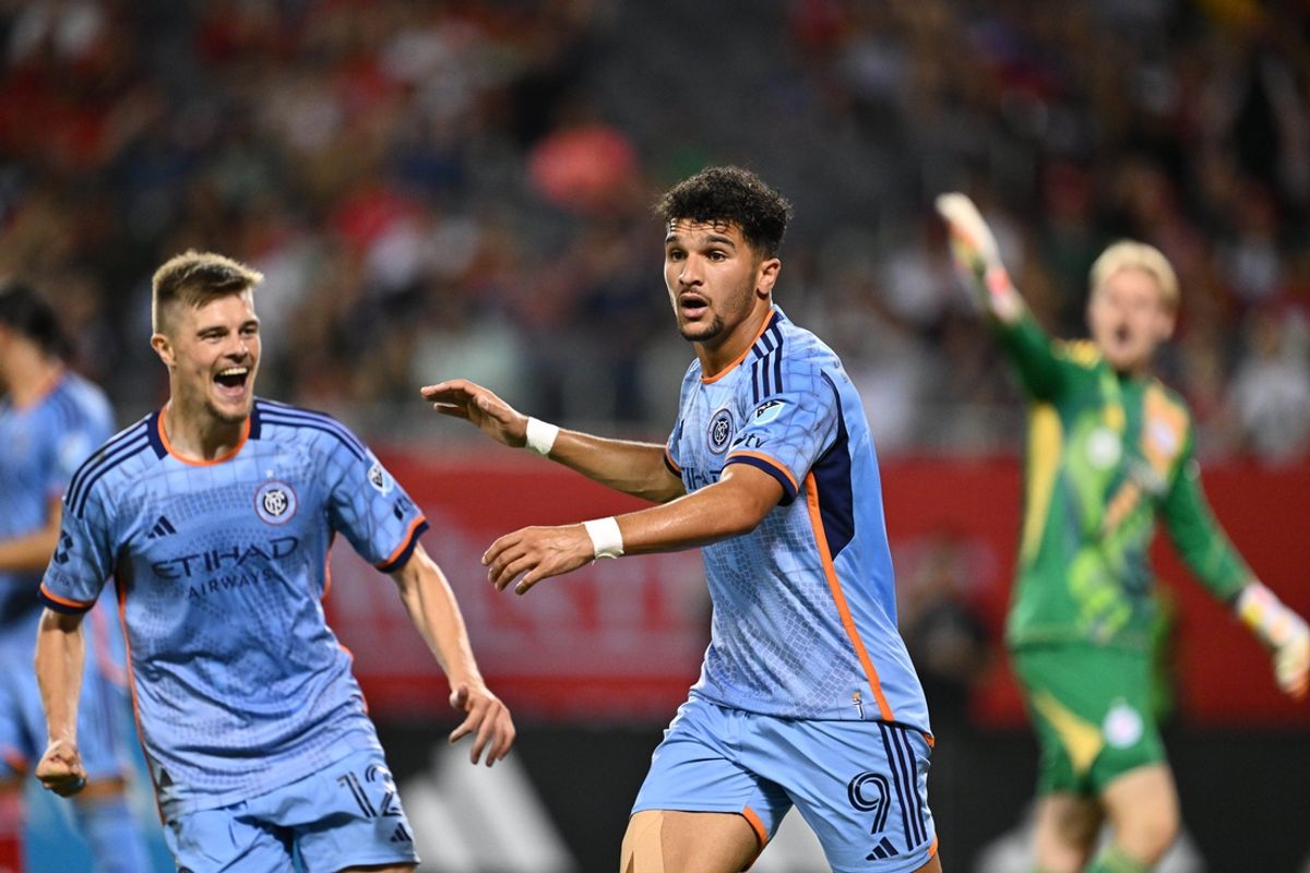Jul 13, 2024; Chicago, Illinois, USA;  New York City FC forward Mounsef Bakrar (9) looks to the side referee after he thought he scored a goal in the second half against the Chicago Fire FC at Soldier Field. The goal was waived off for offsides.  Mandatory Credit: Jamie Sabau-Imagn Images