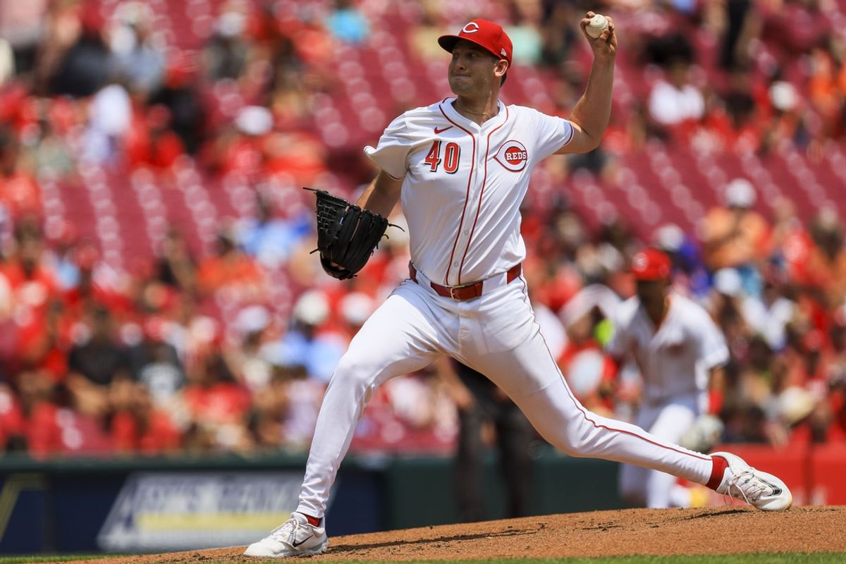 Jul 14, 2024; Cincinnati, Ohio, USA; Cincinnati Reds starting pitcher Nick Lodolo (40) pitches against the Miami Marlins in the third inning at Great American Ball Park. Mandatory Credit: Katie Stratman-USA TODAY Sports