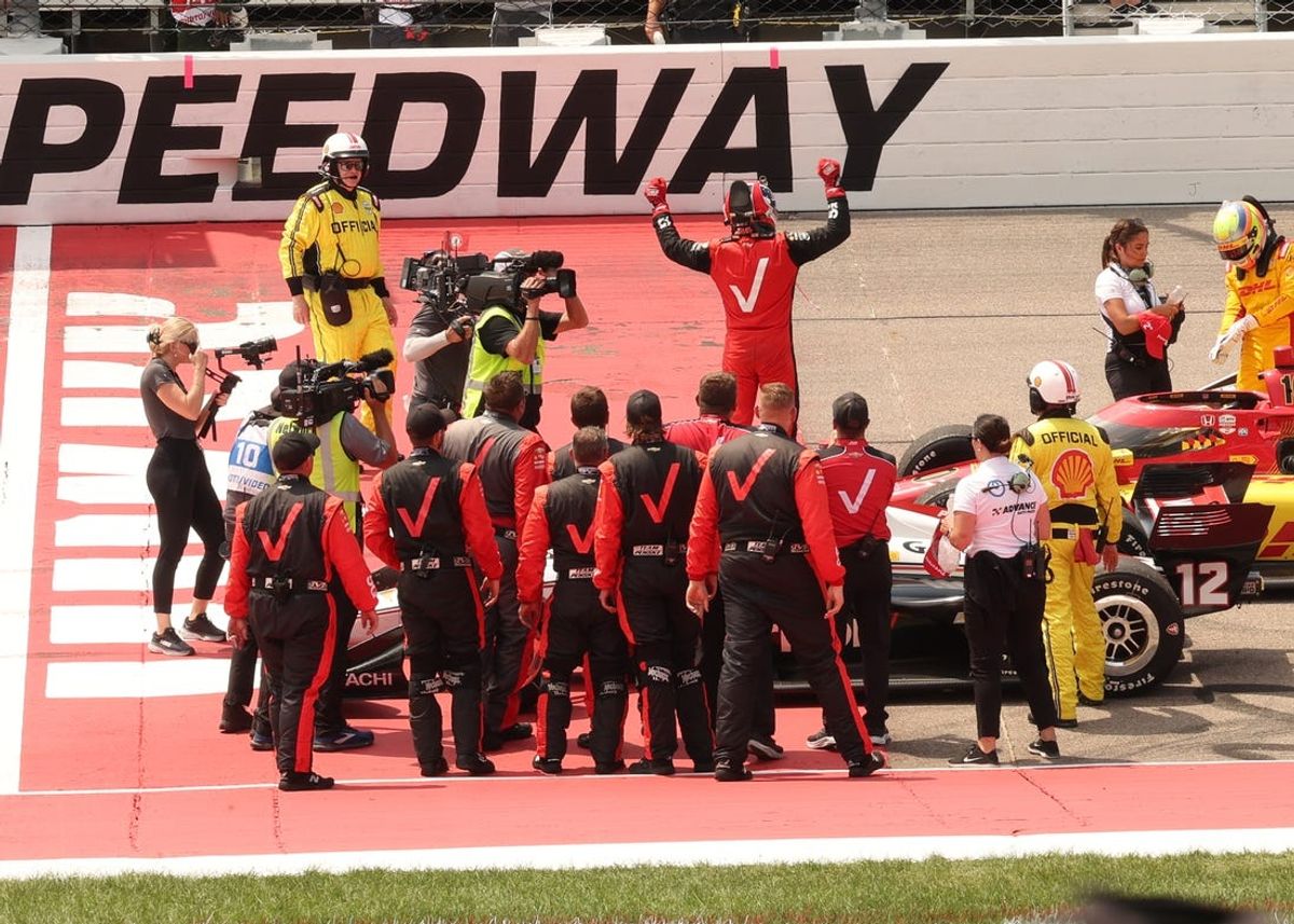 Jul 14, 2024; Newton, Iowa, USA;  Team Penske driver Will Power (12) of Australia wins the Hy-Vee Homefront 250 at Iowa Speedway. Mandatory Credit: Reese Strickland-USA TODAY Sports
