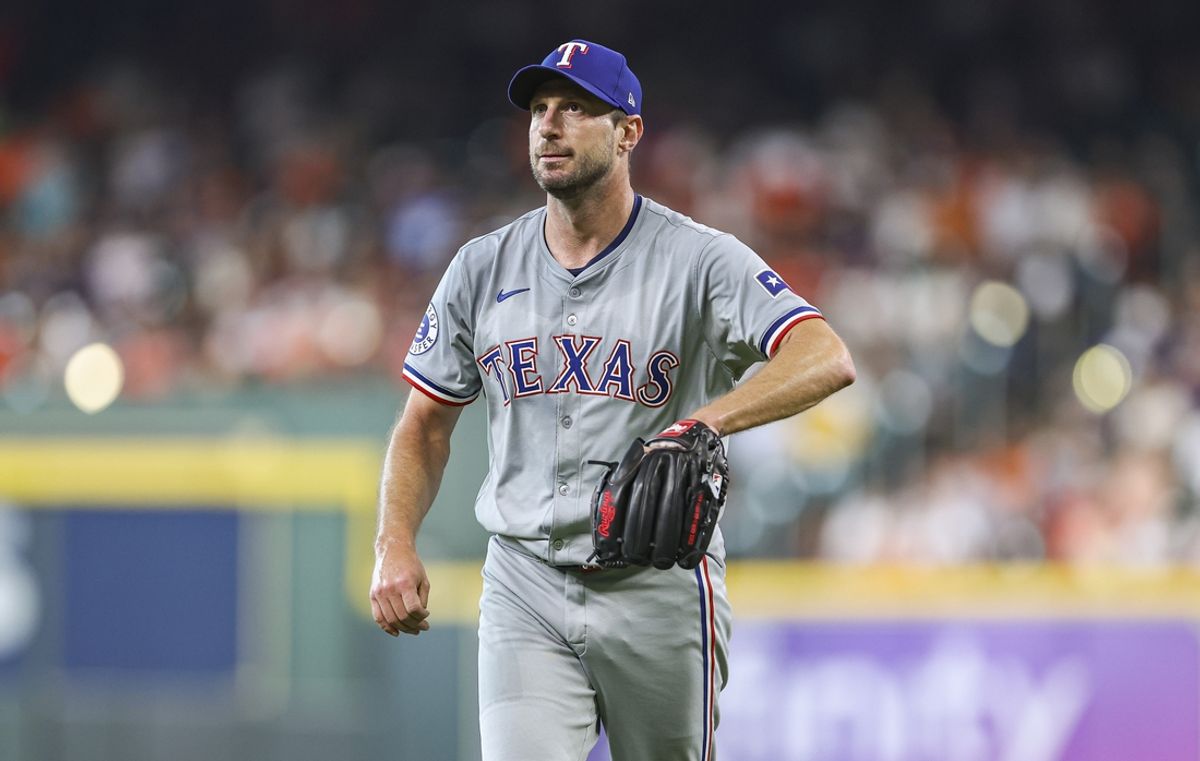 Jul 14, 2024; Houston, Texas, USA; Texas Rangers starting pitcher Max Scherzer (31) walks off the mound after pitching during the second inning against the Houston Astros at Minute Maid Park. Mandatory Credit: Troy Taormina-USA TODAY Sports