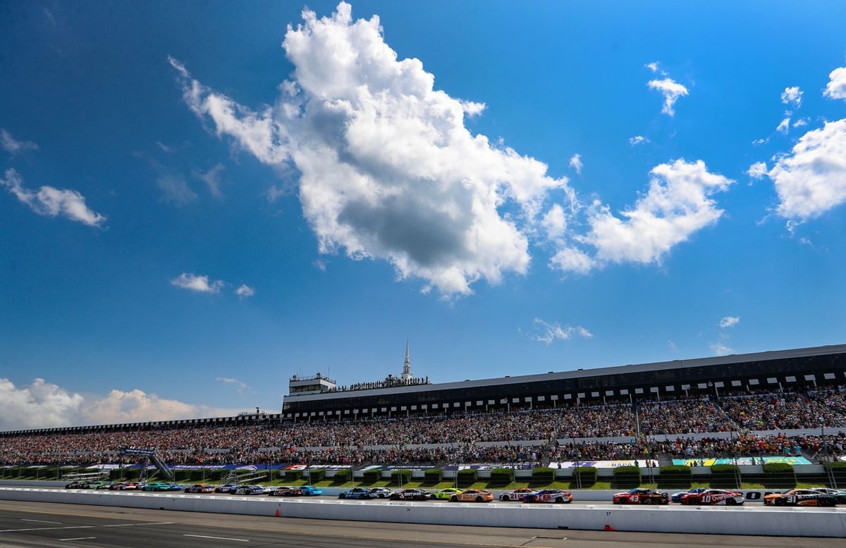 Jul 14, 2024; Long Pond, Pennsylvania, USA;  NASCAR Cup Series driver Ty Gibbs (54) leads the field to the green flag to start The Great American Getaway 400 at Pocono Raceway. Mandatory Credit: Matthew O'Haren-USA TODAY Sports