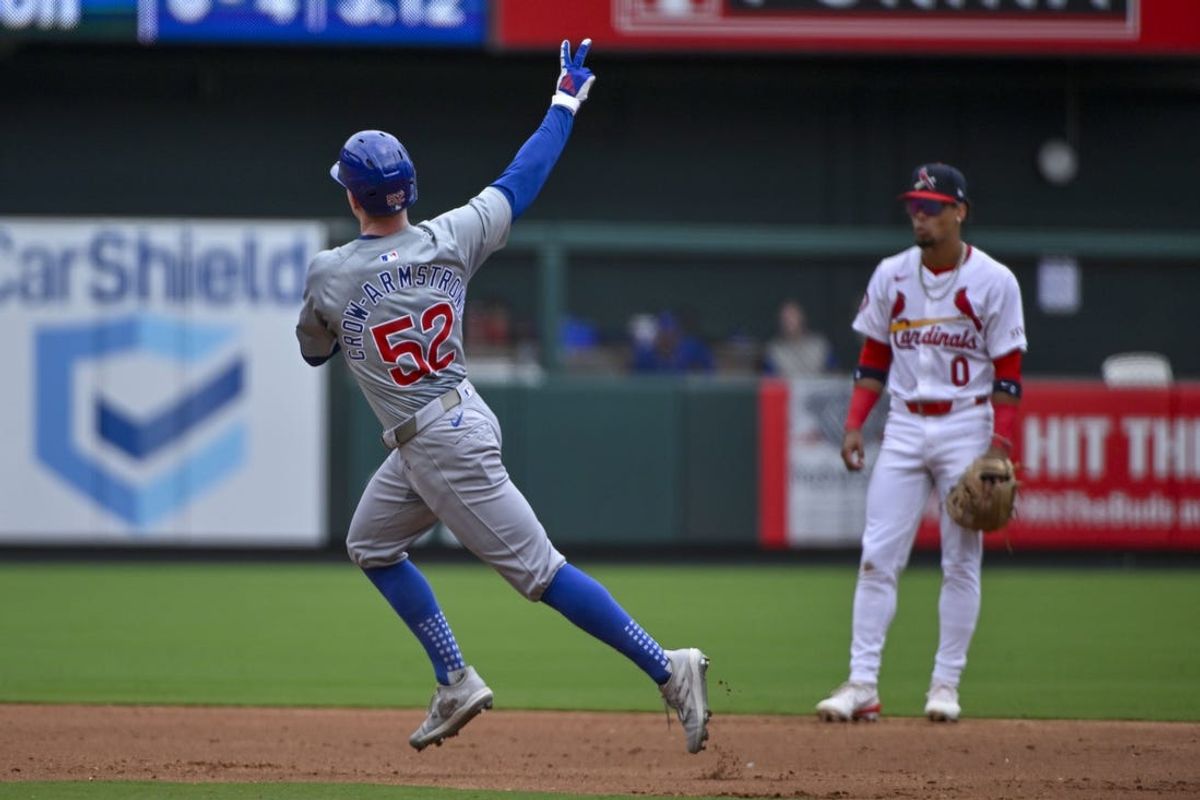 Jul 14, 2024; St. Louis, Missouri, USA;  Chicago Cubs center fielder Pete Crow-Armstrong (52) reacts as he runs the bases after hitting a solo home run against the St. Louis Cardinals during the third inning at Busch Stadium. Mandatory Credit: Jeff Curry-USA TODAY Sports