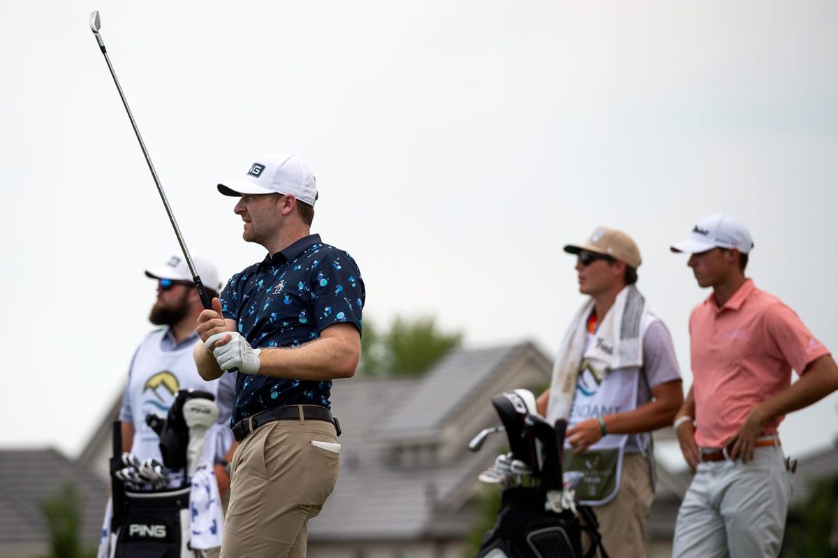 Brian Campbell watches his tee shot on hole 14 during the Korn Ferry Tour's The Ascendant golf tournament on Sunday, July 14, 2024, at the TPC Colorado course in Berthoud, Colo.
