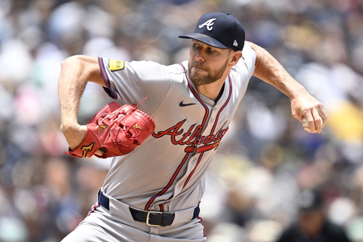 Jul 14, 2024; San Diego, California, USA; Atlanta Braves starting pitcher Chris Sale (51) pitches against the San Diego Padres during the first inning at Petco Park. Mandatory Credit: Orlando Ramirez-USA TODAY Sports