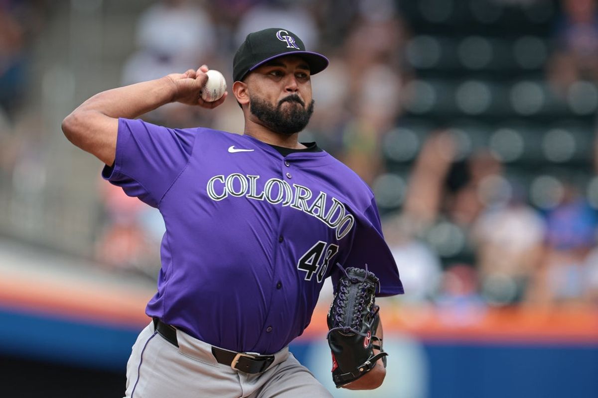 Jul 14, 2024; New York City, New York, USA; Colorado Rockies starting pitcher German Marquez (48) delivers a pitch during the third inning against the New York Mets at Citi Field. Mandatory Credit: Vincent Carchietta-Imagn Images
