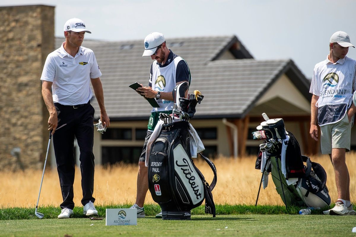 Jeremy Paul and his caddy chat while on the fairway during the Korn Ferry Tour's The Ascendant golf tournament on Sunday, July 14, 2024, at the TPC Colorado course in Berthoud, Colo.