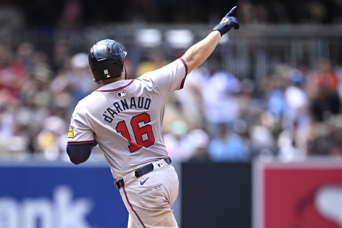 Jul 14, 2024; San Diego, California, USA; Atlanta Braves catcher Travis d'Arnaud (16) rounds the bases after hitting a three-run home run against the San Diego Padres during the sixth inning at Petco Park. Mandatory Credit: Orlando Ramirez-USA TODAY Sports