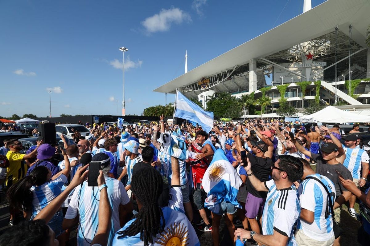 Jul 14, 2024; Miami, FL, USA;  fans gather before the Copa America Final match between Argentina and Colombia at Hard Rock Stadium. Mandatory Credit: Nathan Ray Seebeck-USA TODAY Sports