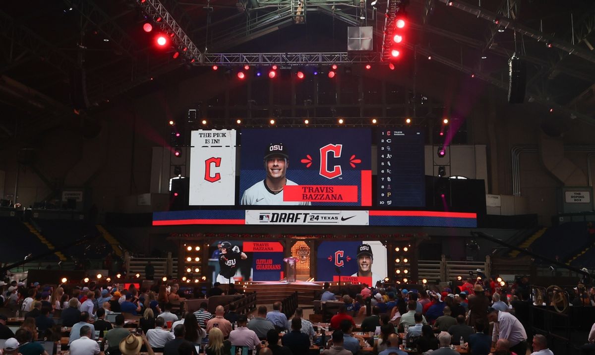 Jul 14, 2024; Ft. Worth, TX, USA;  The Cleveland Guardians select Travis Bazzana with the first pick during the first round of the MLB Draft at Cowtown Coliseum. Mandatory Credit: Kevin Jairaj-USA TODAY Sports