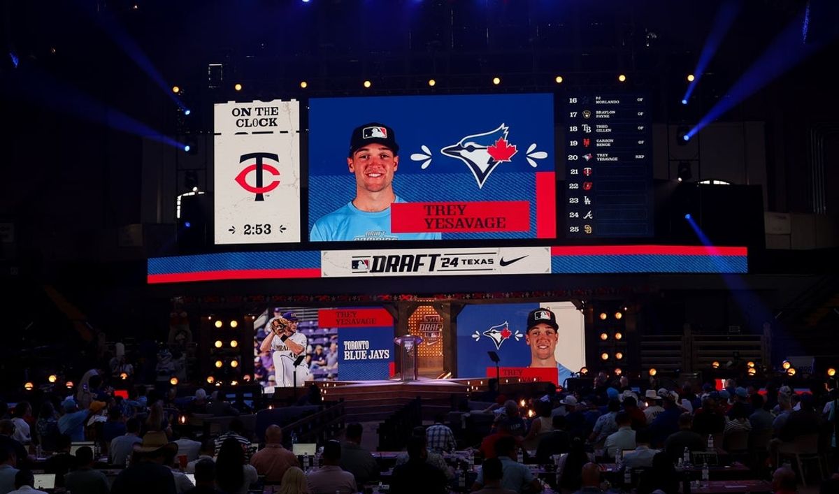 Jul 14, 2024; Ft. Worth, TX, USA; Trey Yesavage is drafted by the Toronto Blue Jays with the 20th pick during the first round of the MLB Draft at Cowtown Coliseum. Mandatory Credit: Kevin Jairaj-Imagn Images