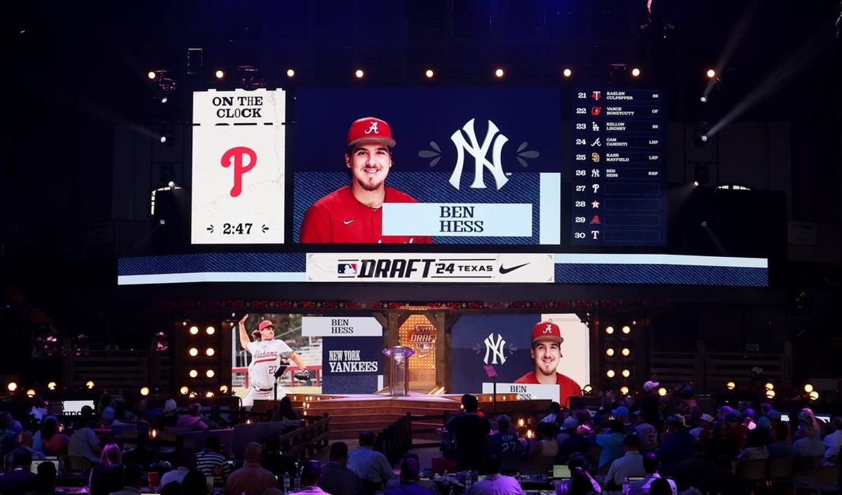 Jul 14, 2024; Ft. Worth, TX, USA; Ben Hess is drafted by the New York Yankees with the 26th pick during the first round of the MLB Draft at Cowtown Coliseum. Mandatory Credit: Kevin Jairaj-USA TODAY Sports