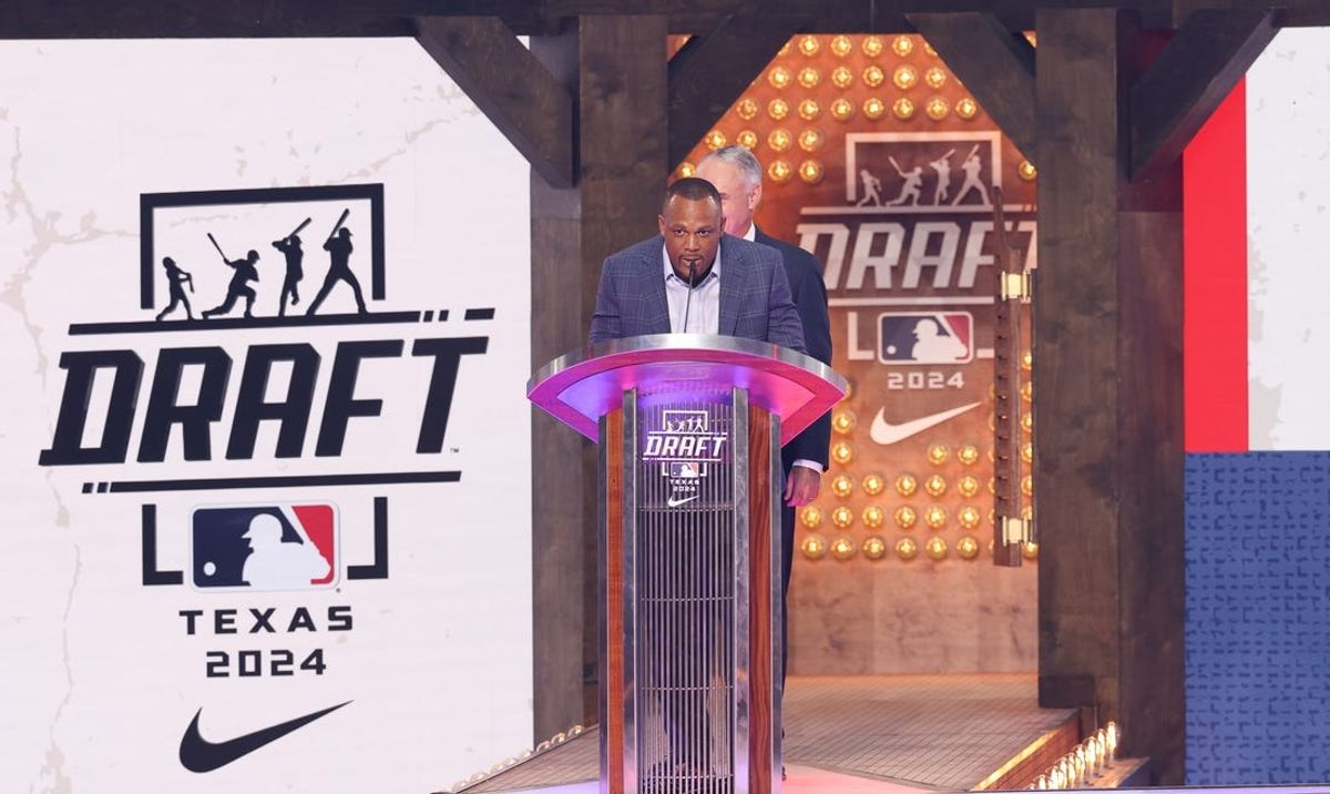 Jul 14, 2024; Ft. Worth, TX, USA;  Former Texas Rangers player Adrian Beltre starts the first round of the MLB Draft at Cowtown Coliseum. Mandatory Credit: Kevin Jairaj-USA TODAY Sports