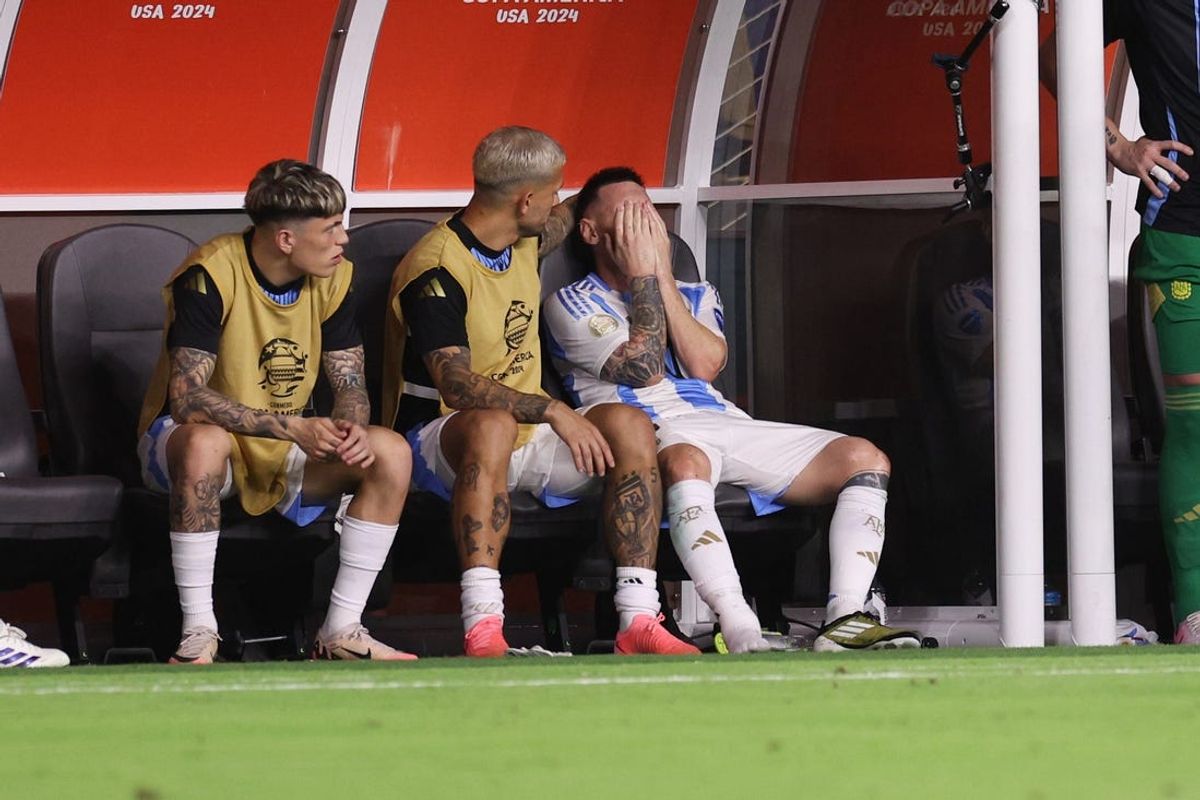 Jul 14, 2024; Miami, FL, USA;  Argentina forward Lionel Messi (10) reacts after leaving the match against Colombia in the second half during the Copa America Final at Hard Rock Stadium. Mandatory Credit: Nathan Ray Seebeck-USA TODAY Sports