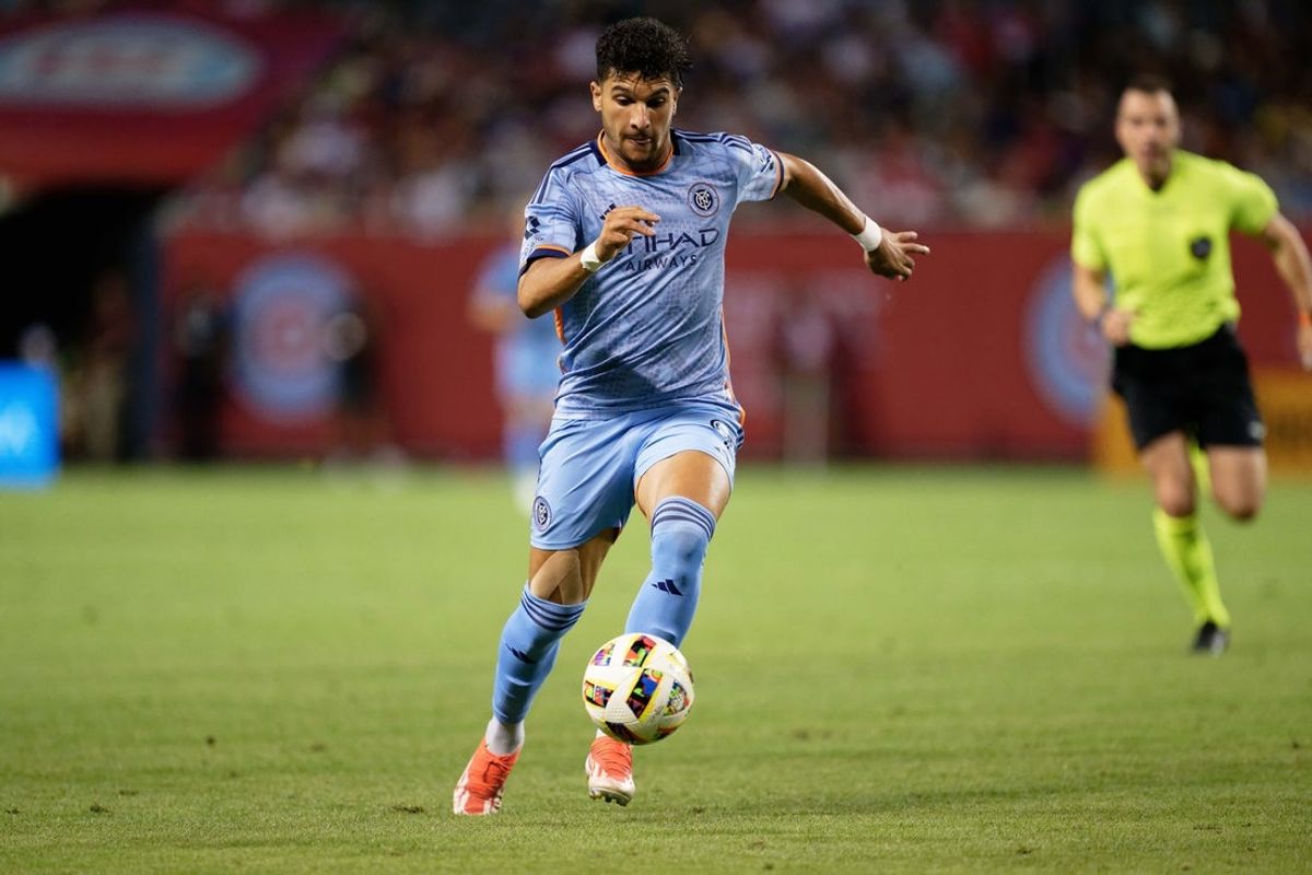 Jul 13, 2024; Chicago, Illinois, USA;  New York City FC forward Mounsef Bakrar (9) controls the ball against the Chicago Fire FC at Soldier Field. Mandatory Credit: Jamie Sabau-Imagn Images