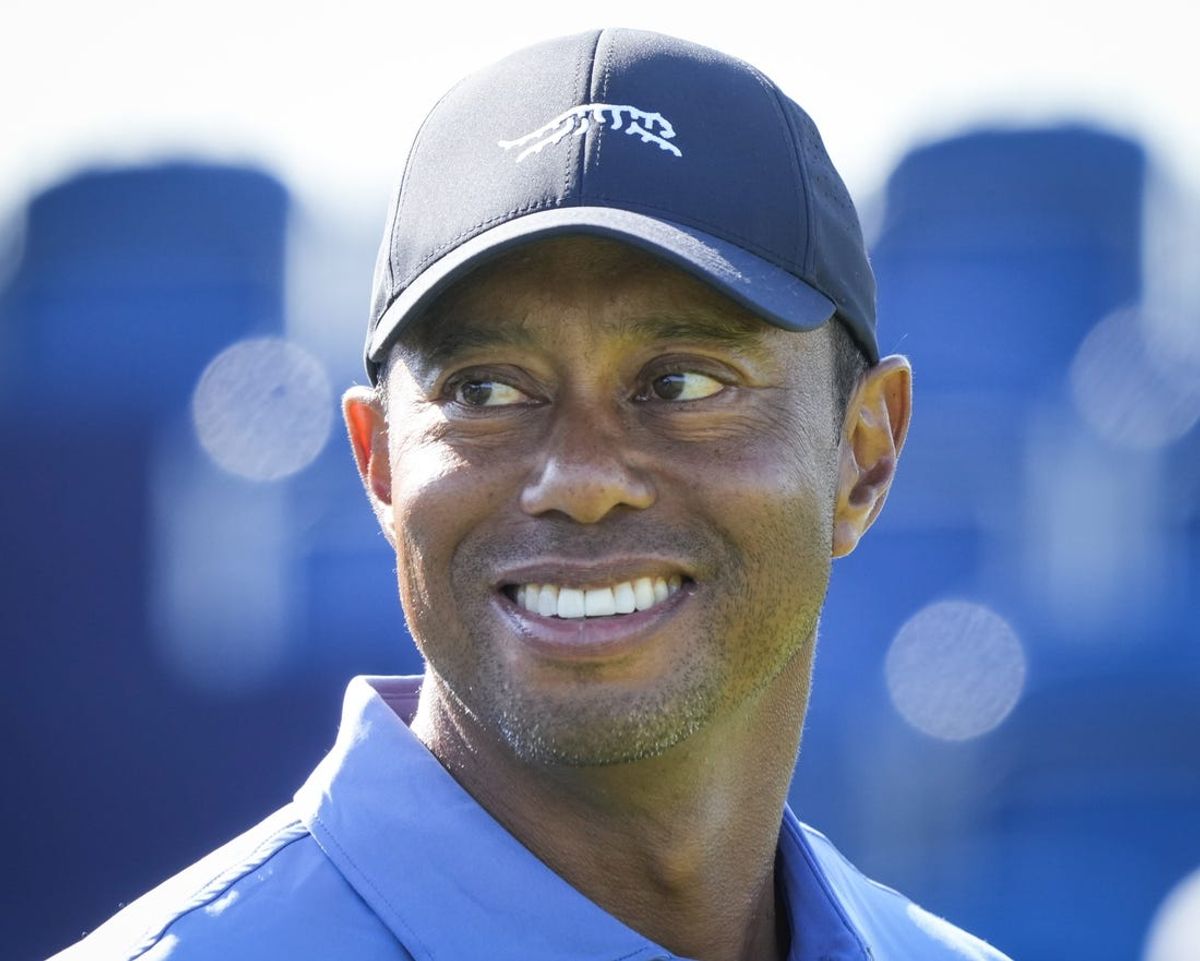Jul 15, 2024; Ayrshire, SCT; Tiger Woods during a practice round for the Open Championship golf tournament at Royal Troon. Mandatory Credit: Jack Gruber-USA TODAY Sports