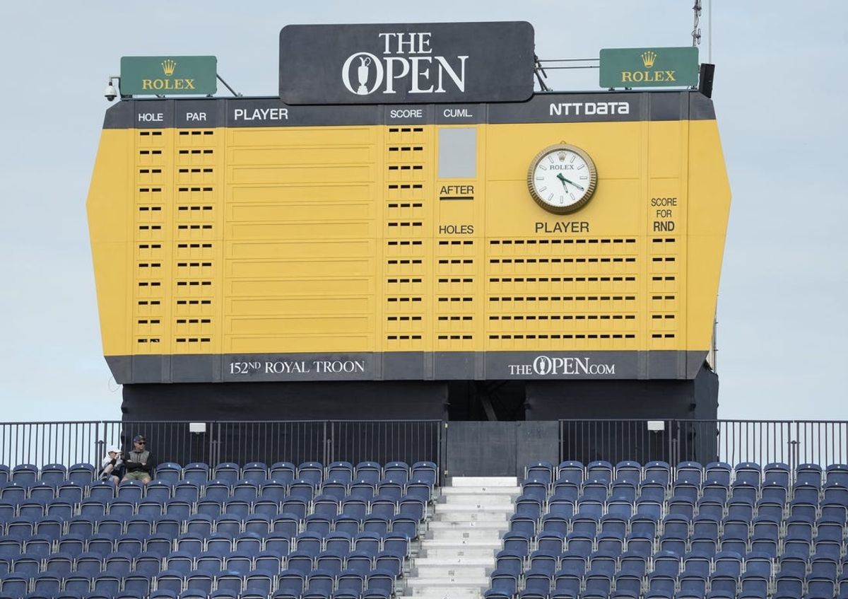 Jul 15, 2024; Ayrshire, SCT; Spectators in the 18th green stands during a practice round for the Open Championship golf tournament at Royal Troon. Mandatory Credit: Jack Gruber-USA TODAY Sports