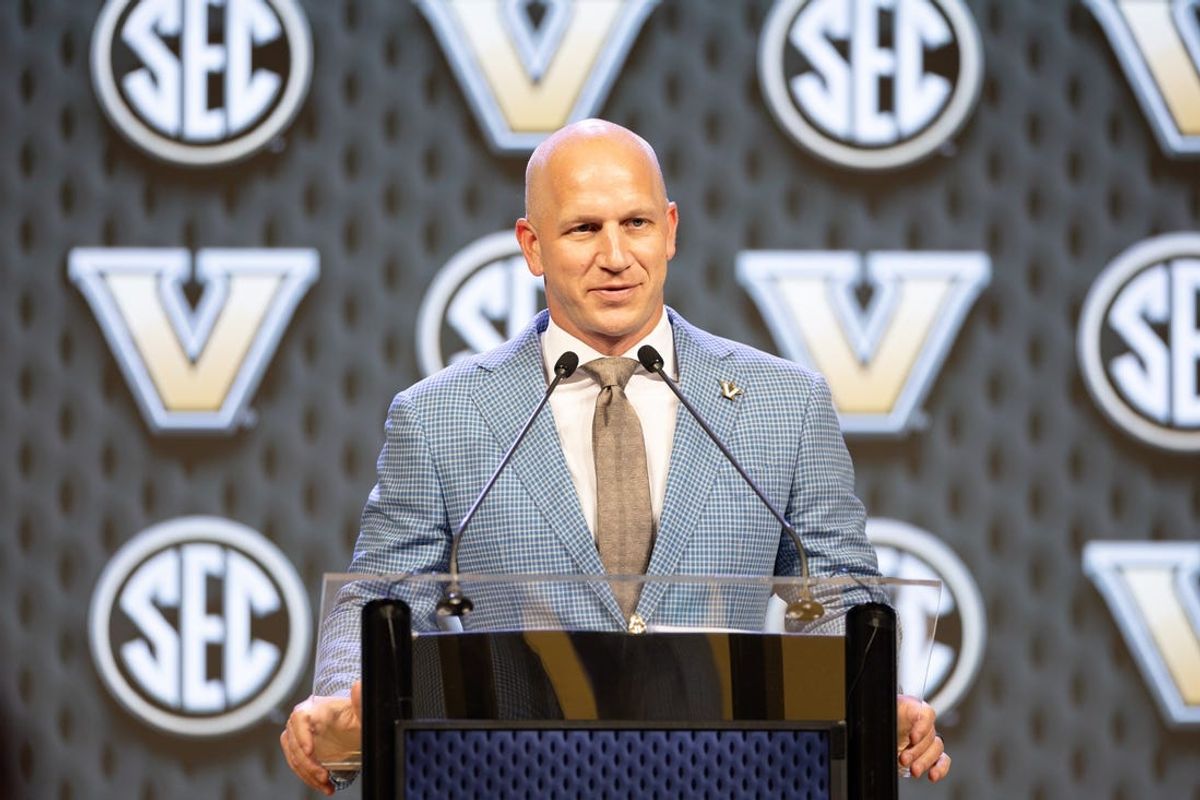 Jul 15, 2024; Dallas, TX, USA; Vanderbilt head coach Clark Lea speaking at Omni Dallas Hotel. Mandatory Credit: Brett Patzke-USA TODAY Sports