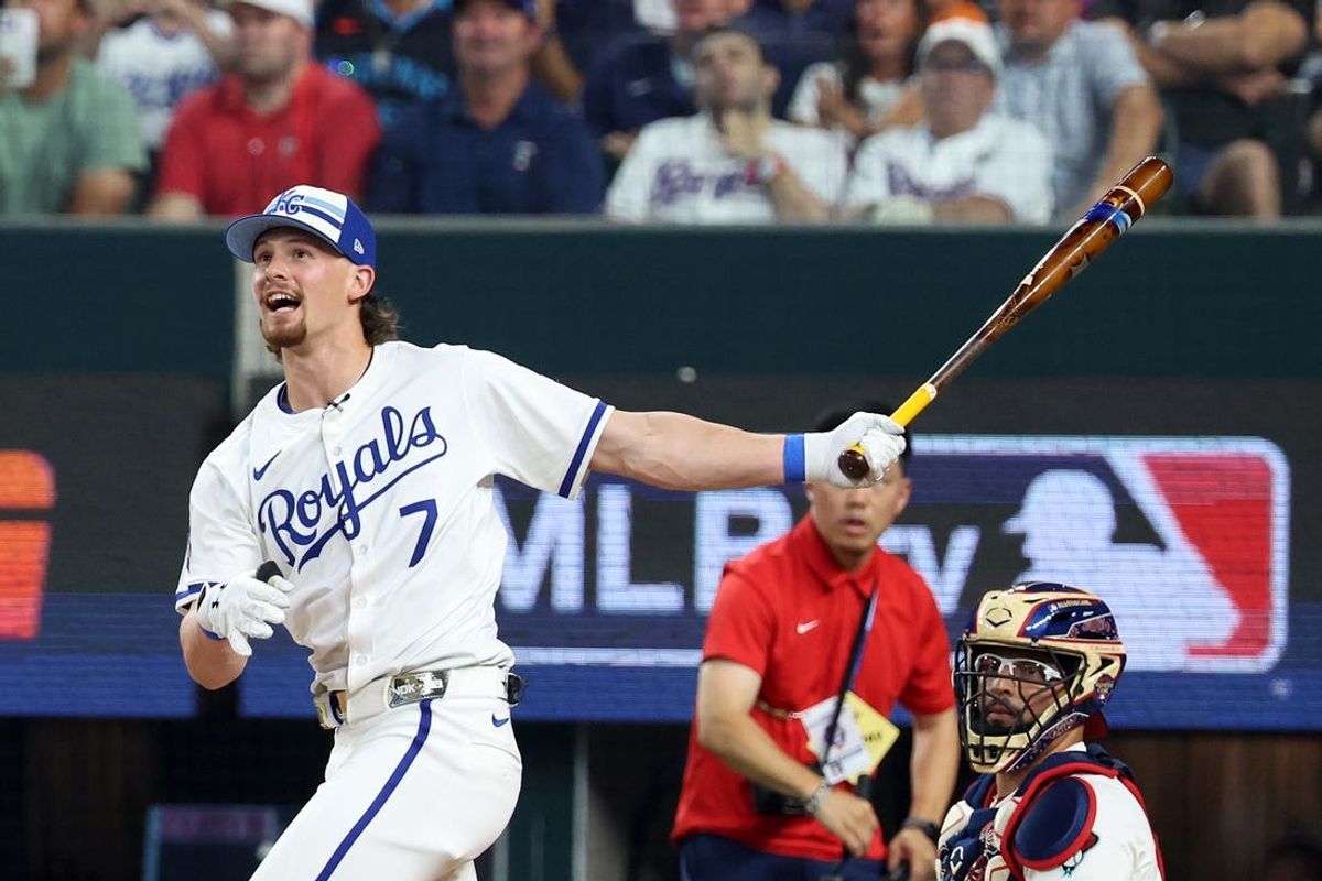 Jul 15, 2024; Arlington, TX, USA; American League shortstop Bobby Witt Jr. of the Kansas City Royals (7) competes during the 2024 Home Run Derby at Globe Life Field. Mandatory Credit: Kevin Jairaj-USA TODAY Sports