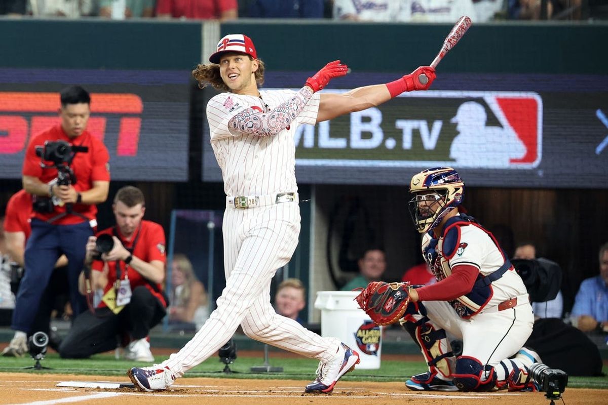 Jul 15, 2024; Arlington, TX, USA; National League third baseman Alec Bohm of the Philadelphia Phillies (28) competes during the 2024 Home Run Derby at Globe Life Field. Mandatory Credit: Kevin Jairaj-USA TODAY Sports