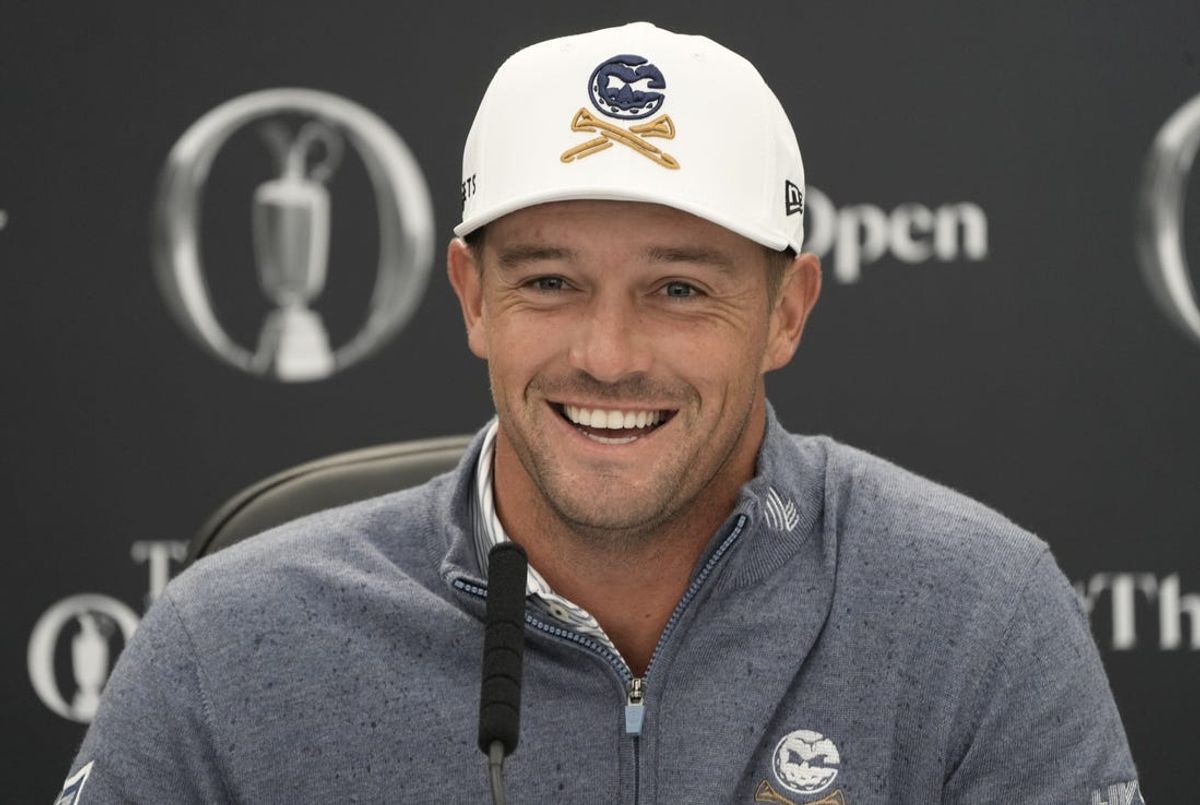 Jul 16, 2024; Ayrshire, SCT; Bryson DeChambeau, the 2024 U.S. Open winner, during press conference at the Open Championship golf tournament at Royal Troon. Mandatory Credit: Jack Gruber-USA TODAY Sports
