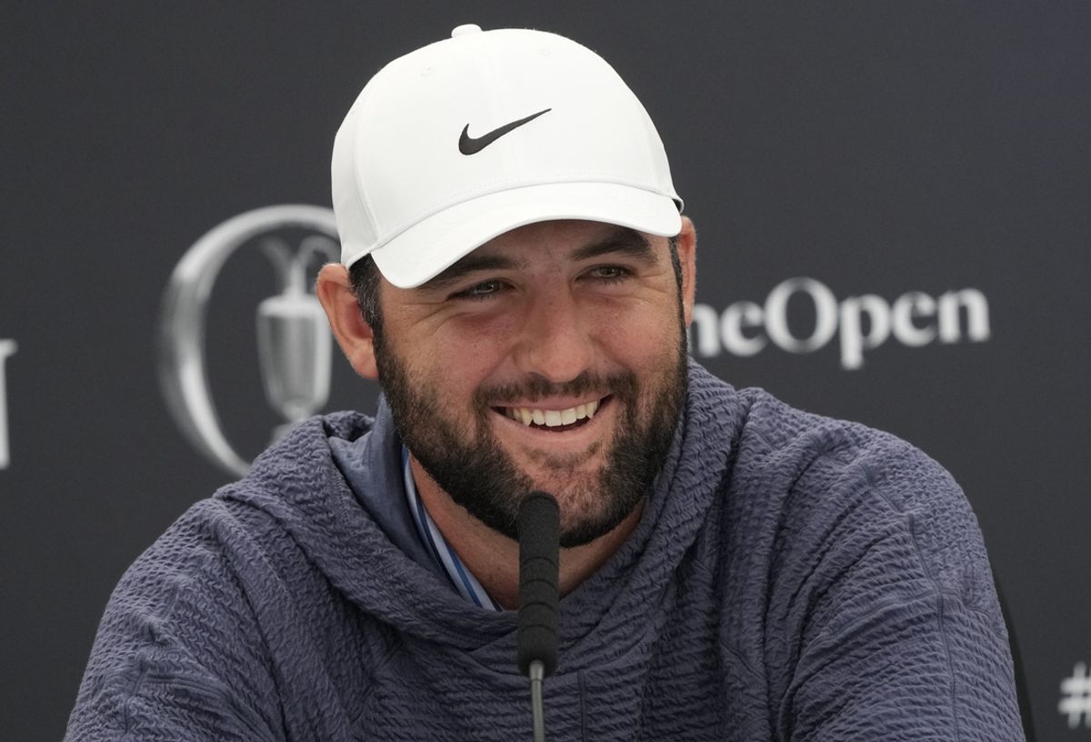 Jul 16, 2024; Ayrshire, SCT; Scottie Scheffler during press conference at the Open Championship golf tournament at Royal Troon. Mandatory Credit: Jack Gruber-USA TODAY Sports