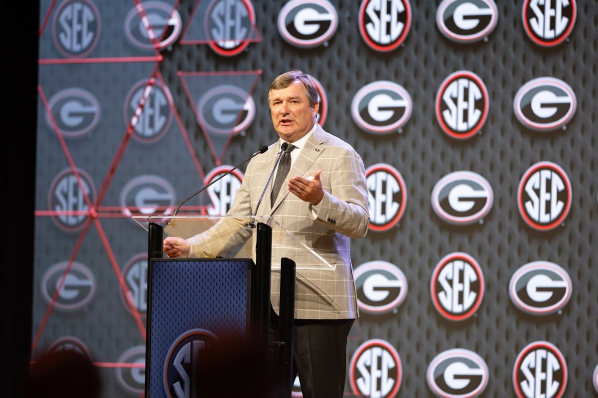 Jul 16, 2024; Dallas, TX, USA; Georgia head coach Kirby Smart speaking at Omni Dallas Hotel. Mandatory Credit: Brett Patzke-USA TODAY Sports