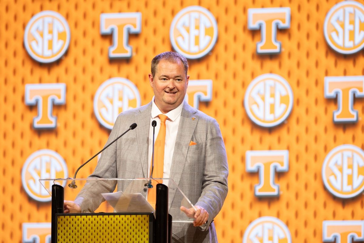 Jul 16, 2024; Dallas, TX, USA; Tennessee head coach Josh Heupel speaking at Omni Dallas Hotel. Mandatory Credit: Brett Patzke-USA TODAY Sports