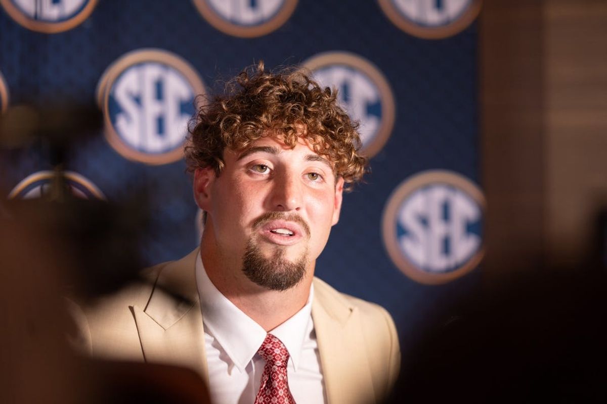 Jul 16, 2024; Dallas, TX, USA; Oklahoma linebacker Danny Stutsman speaking at Omni Dallas Hotel. Mandatory Credit: Brett Patzke-USA TODAY Sports