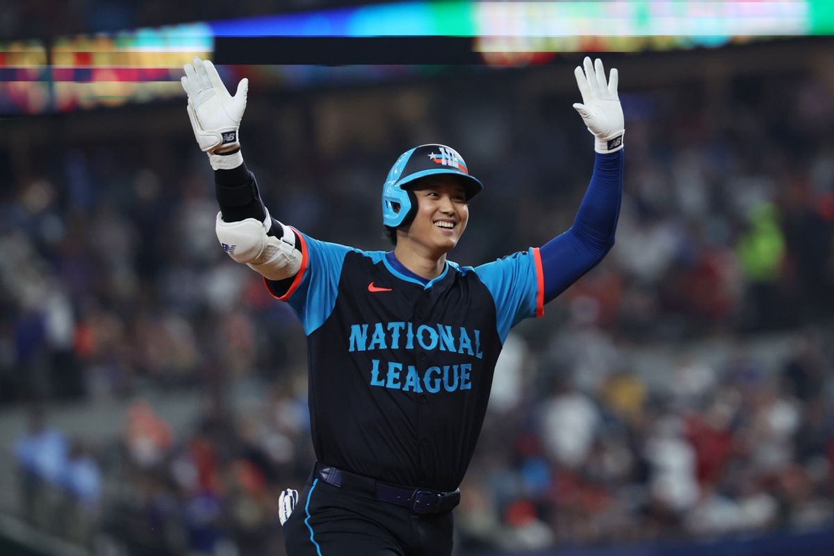 Jul 16, 2024; Arlington, Texas, USA; National League designated hitter Shohei Ohtani of the Los Angeles Dodgers (17) celebrates after hitting a three run home run in the third inning against the American League during the 2024 MLB All-Star game at Globe Life Field. Mandatory Credit: Kevin Jairaj-USA TODAY Sports